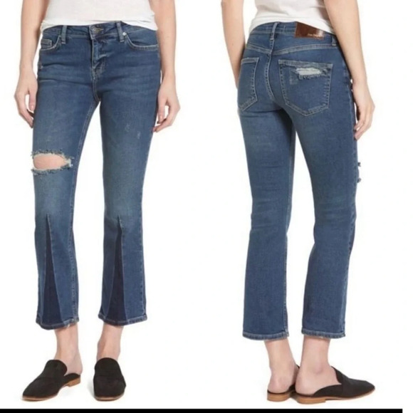 Free People Cropped Flare Leg Jeans w/ Colorblock. Distressed. Size 26 - Picture 1 of 13